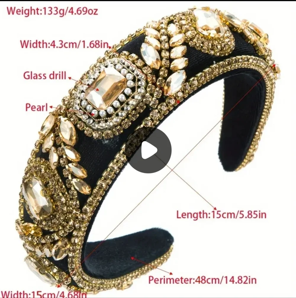 Baroque Black and Gold Headband, Rhinestone Sponge High Crown, NEW